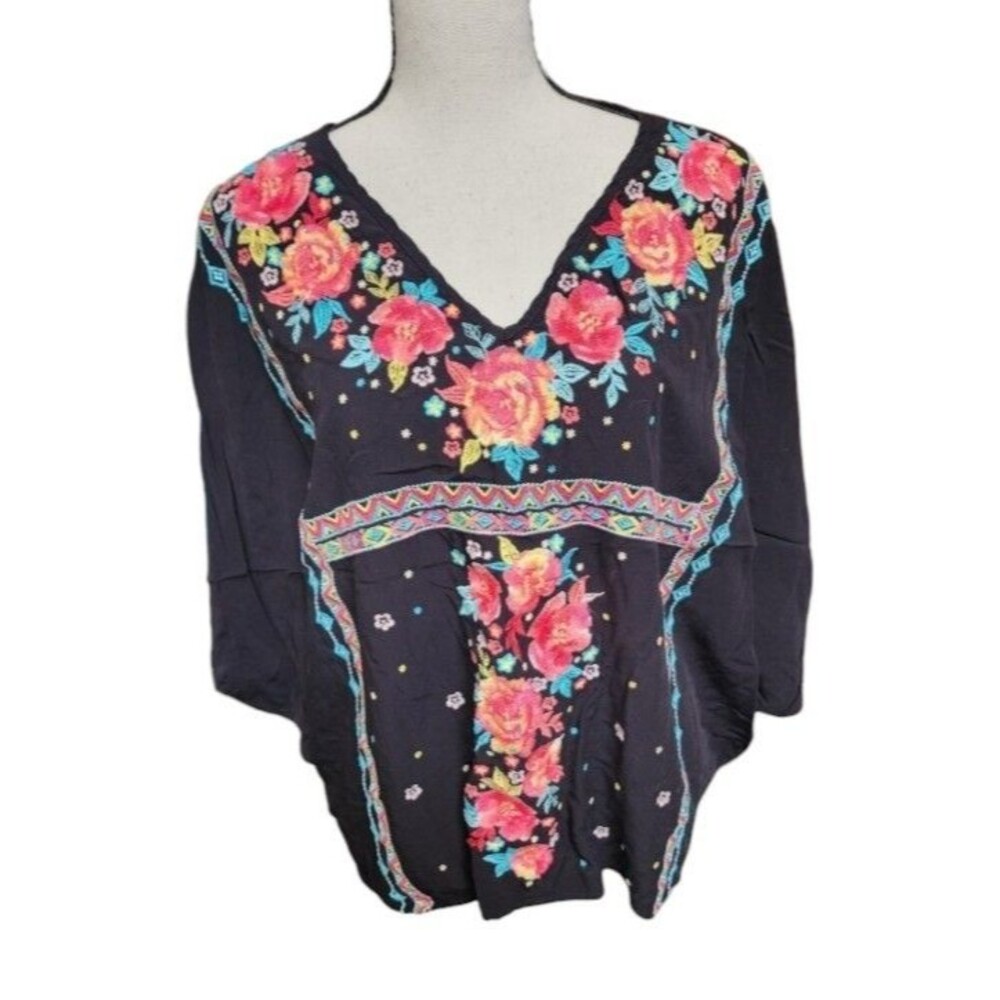 Savanna Jane Embroidered Blouse Size S/M Black Dolman Sleeve Boho Hippie Floral